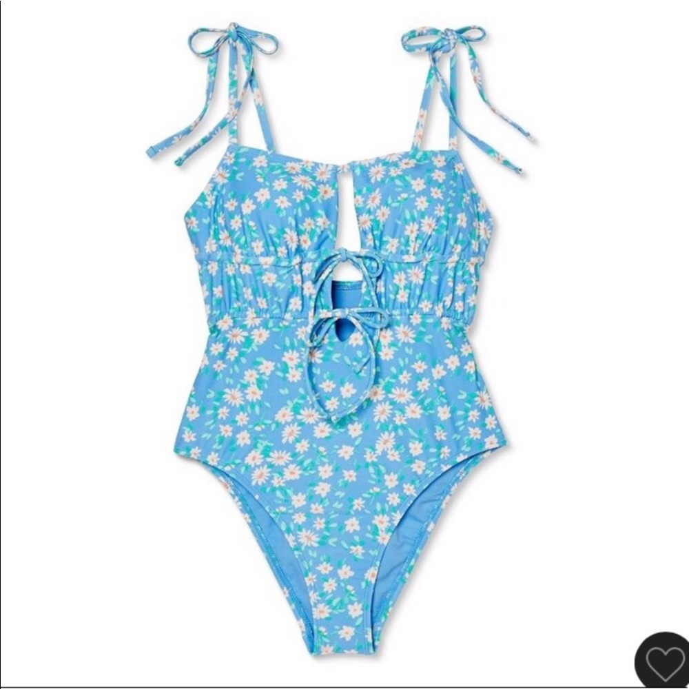 Target Xhilaration Vintage Style Cinch Front Cut Out Blue Floral Daisy Swimsuit